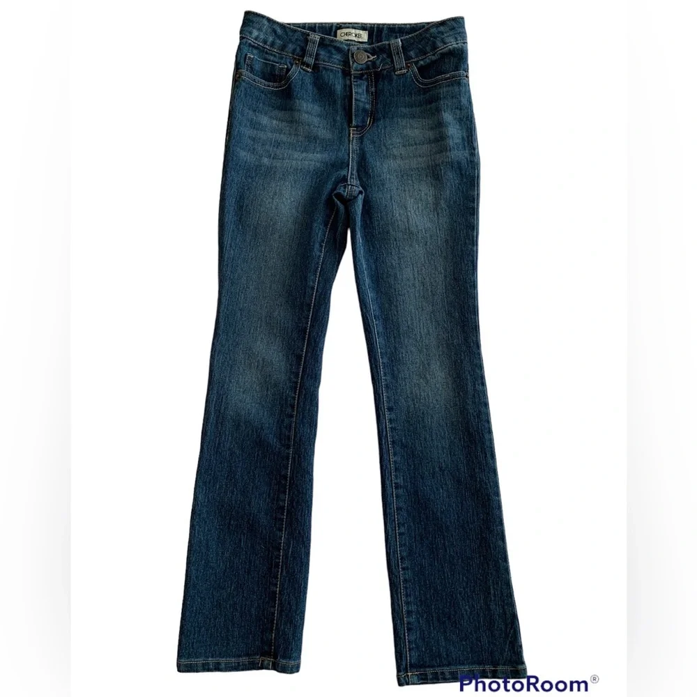 NWOT Cherokee Jeans Girls 12 Dark Blue Denim Adjustable Waist Pockets Soft